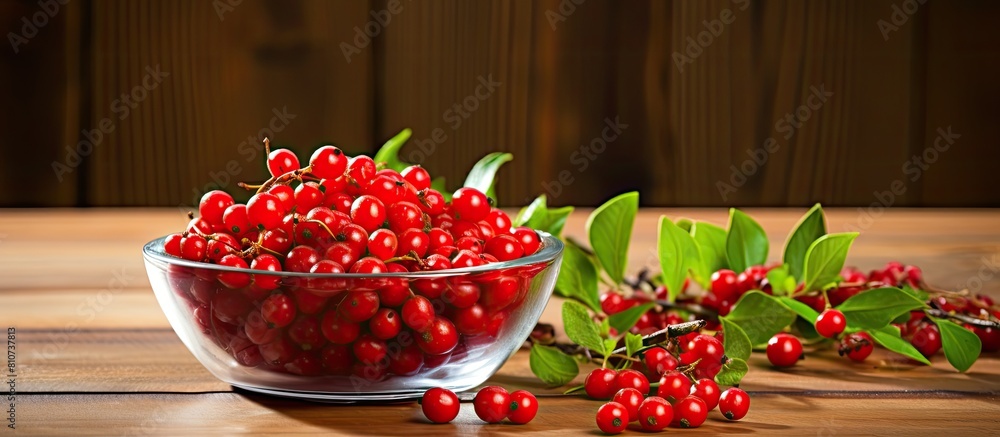 Poster A revitalizing cocktail of honeysuckle berries is displayed in a small bowl against a natural wood background providing plenty of space for adding text. Creative banner. Copyspace image