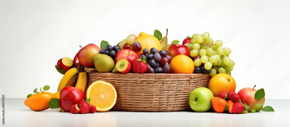 Poster a copy space image showing a basket filled with fresh fruits set against a white background