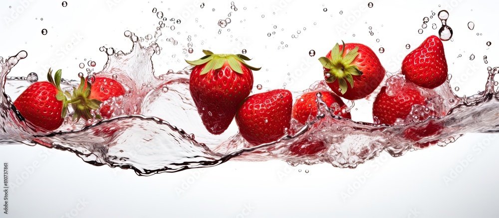 Poster a copy space image featuring ripe strawberries submerged in a vibrant water splash against a white b