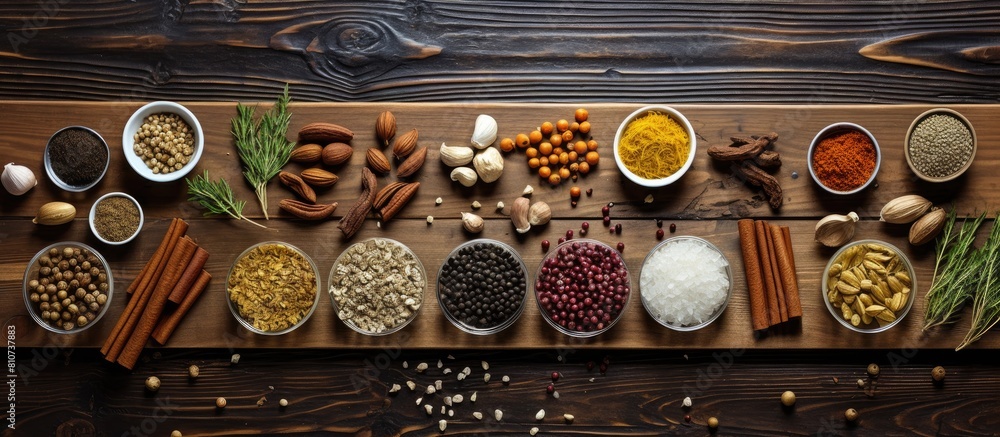 Poster A top down view of various spices and nuts arranged on a wooden table with ample empty space available for any accompanying text or captions