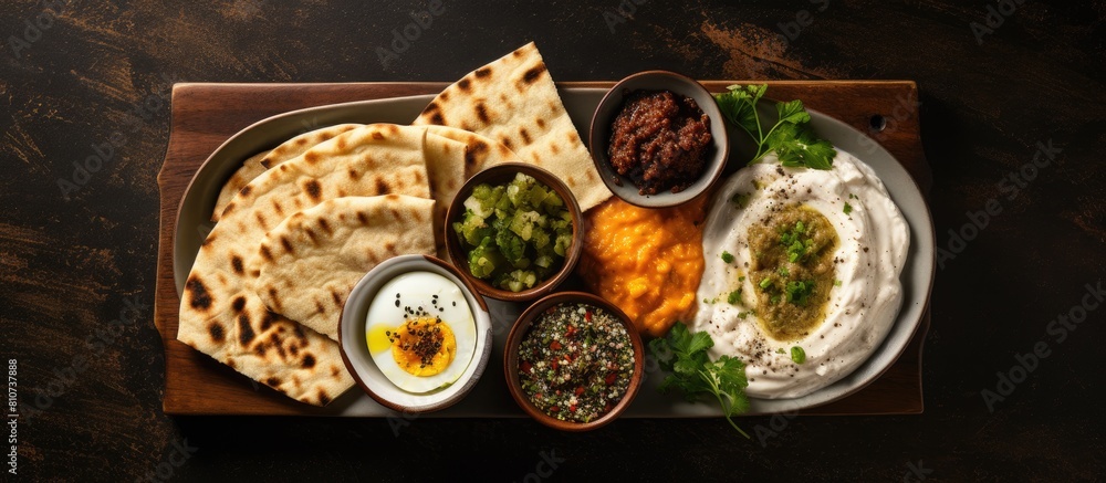 Poster a middle eastern style breakfast platter featuring labneh cream cheese foul muhammara dip and zaatar