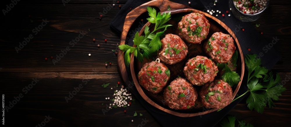 Poster A top down view of meatballs made from raw minced meat arranged on a black wooden table The image includes copy space for text purposes