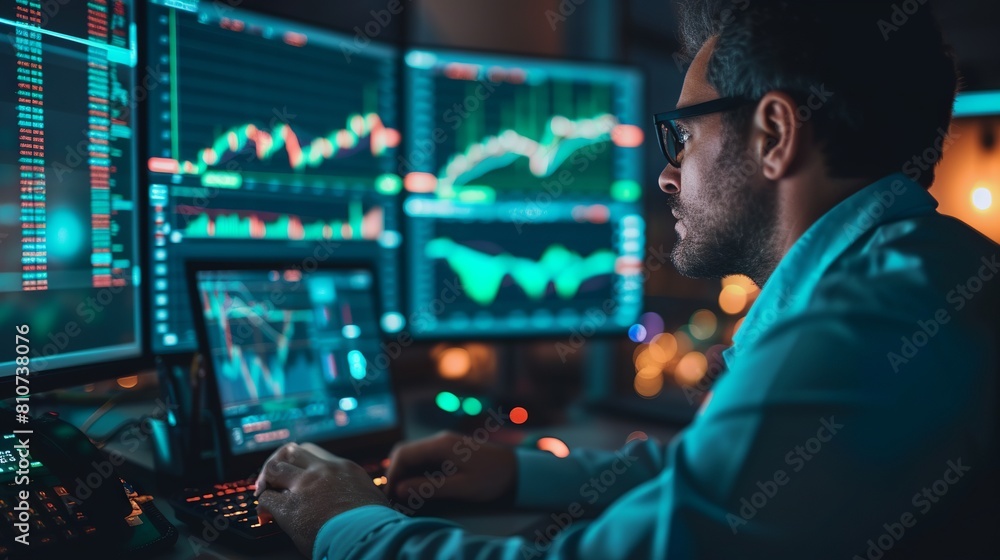 Aufkleber focused trader analyzing live stock market graphs on computer monitor for strategic investment plann