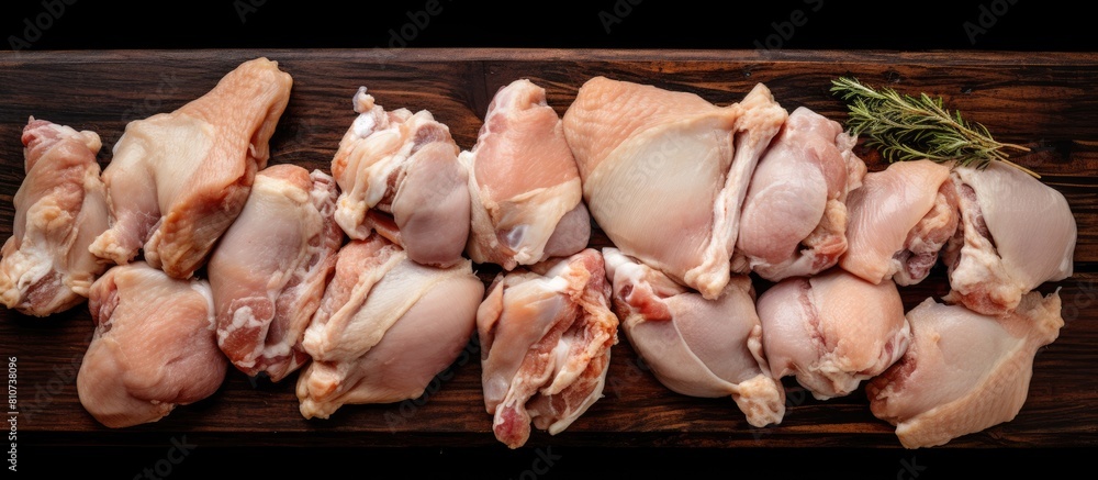Aufkleber The butchered chicken pieces rest on a wooden surface as a copy space image with a plain gray backdrop captured from above