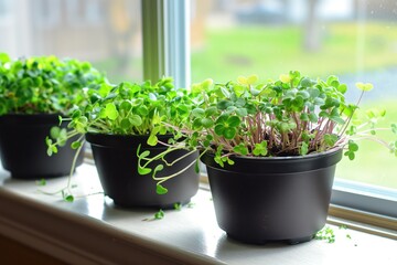 Three potted plants filled with microgreens sit neatly on a windowsill, soaking up sunlight