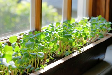 Fresh microgreens bask in sunlight on a wooden windowsill