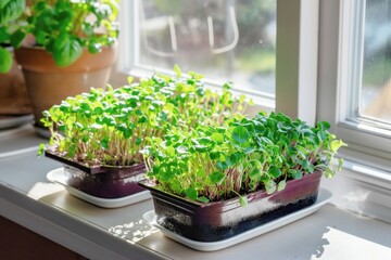 Two microgreens plants growing on a windowsill