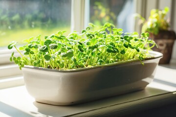 A potted plant sits on a windowsill, receiving sunlight to grow
