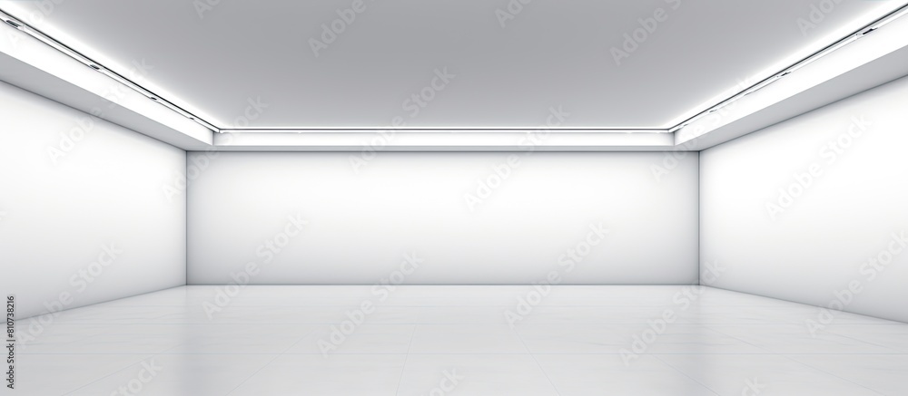 Poster An art gallery s interior features an empty white wall illuminated by spotlights with ample space for displaying artwork 145 characters