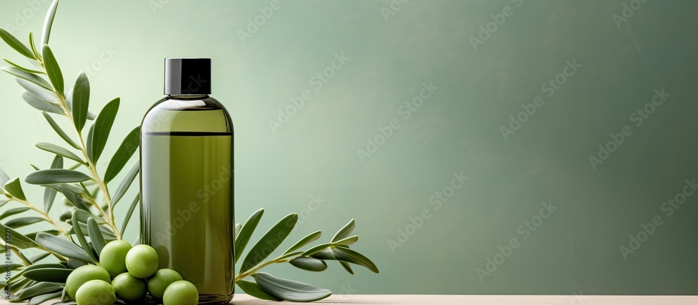 Poster copy space image with a bottle of cosmetic product accompanied by olives and leaves set against a li
