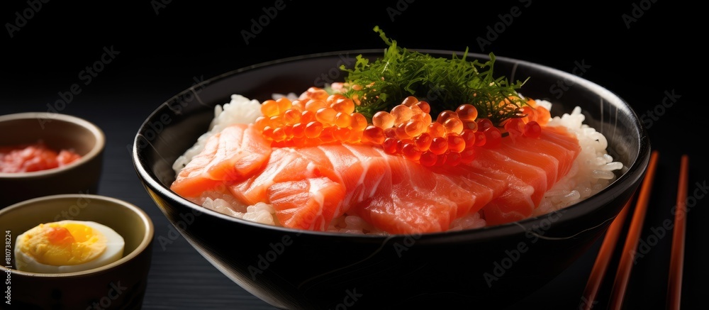 Poster A copy space image featuring a salmon donburi with sliced raw salmon placed on top of cooked rice and accompanied by salmon roe