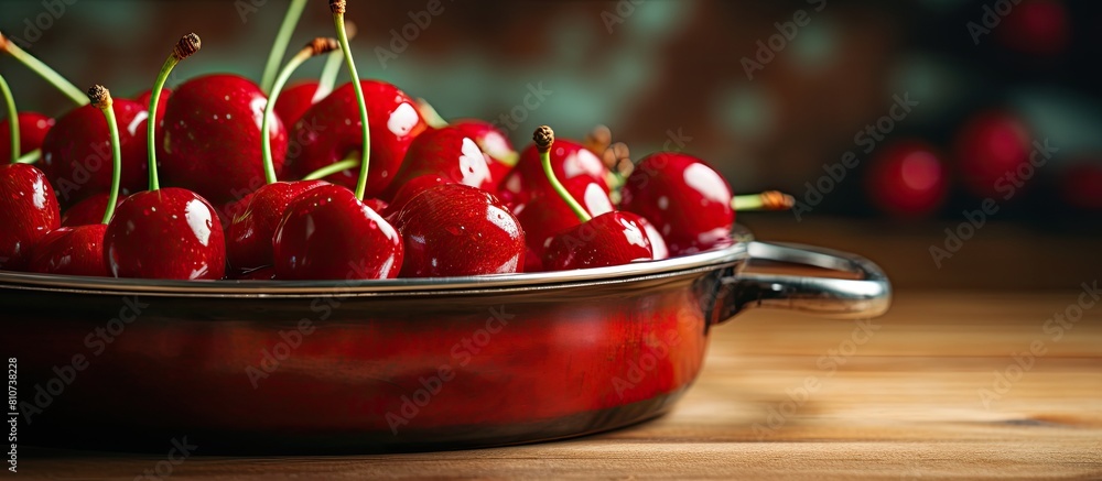 Poster An old pan with copy space showcases a closeup of a juicy red cherry creating a visually appealing horizontal image