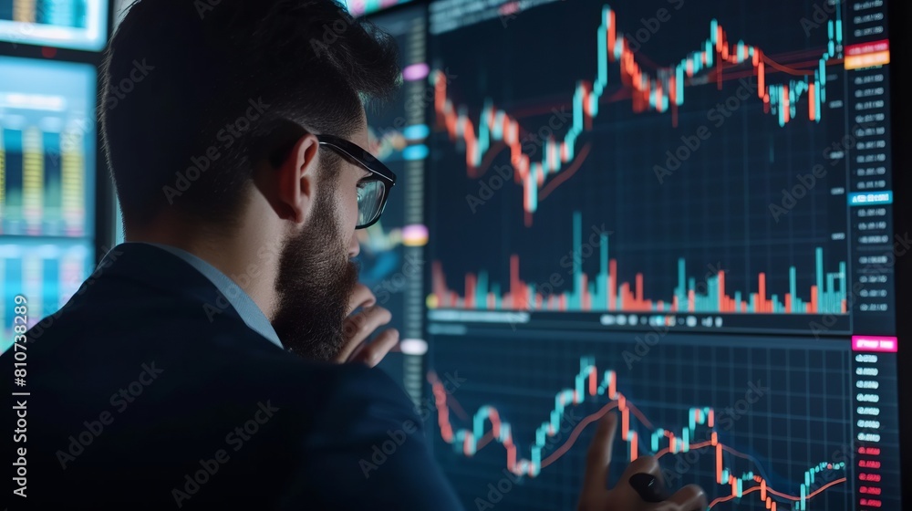 Poster focused trader analyzing live stock market graphs on computer monitor for strategic investment plann