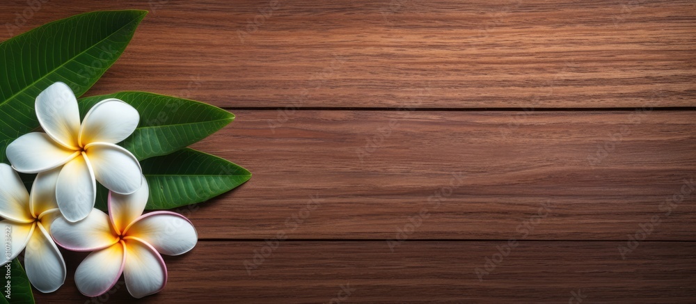 Aufkleber top down view of a spa environment featuring a plumeria flower gracefully placed on a wooden table c
