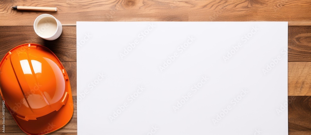 Leinwandbilder a top down view of a brown wooden table displaying a white sheet of paper alongside an orange safety