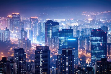 Urban cityscape at night, featuring a cluster of tall buildings illuminated by bright lights