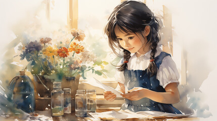 Watercolor painting of a young girl with braided hair, deeply focused on her art project amidst a bright, sunlit room filled with colorful flowers.