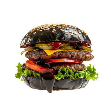 recommend clip art: Delicious Black Burger isolated on white transparent background, ultra realistic, PNG