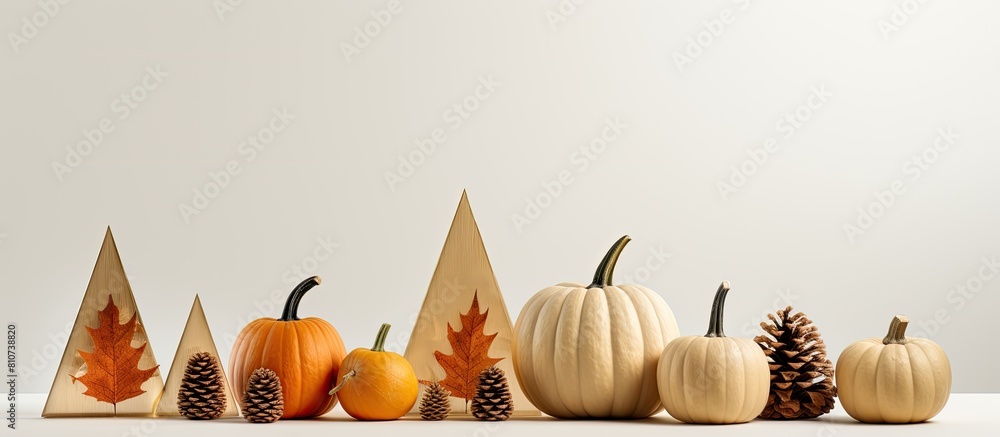 Poster autumn themed product presentation featuring geometric figures pumpkins and acorns on a light grey b