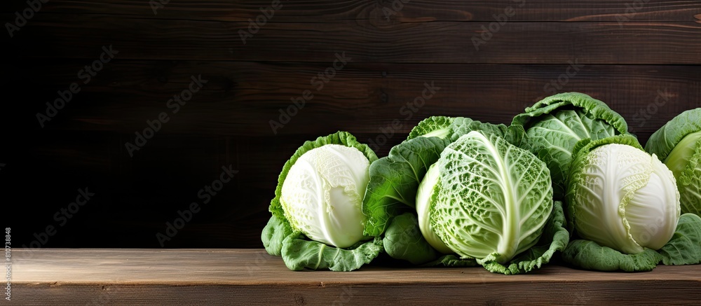 Aufkleber On a dark wooden table there is a copy space image featuring fresh and ripe Chinese cabbages arranged in a fat layer providing space for text