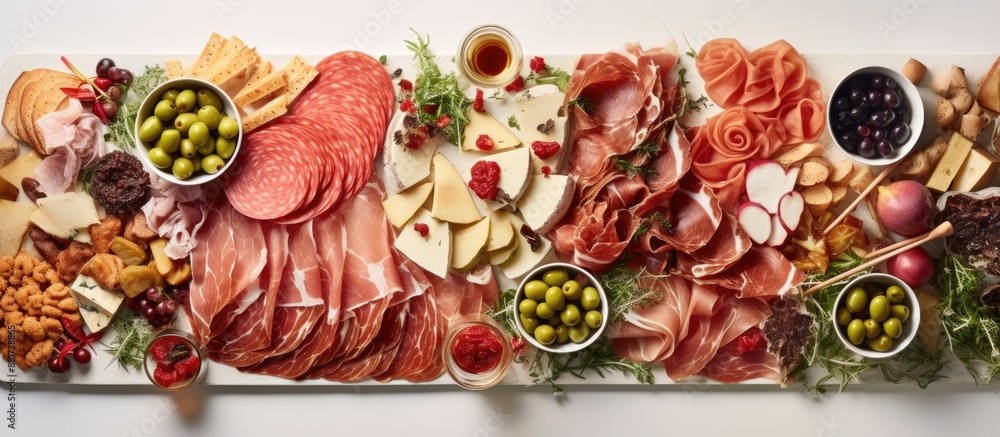Poster top view of a christmas table with a delicious antipasto platter featuring ham prosciutto salami che