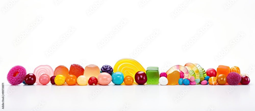 Poster A vibrant assortment of candy arranged against a white background with ample copy space image