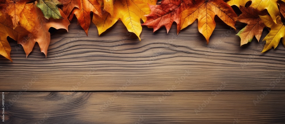Aufkleber top view of a wooden background with a composition of autumn leaves and ample space for text creatin