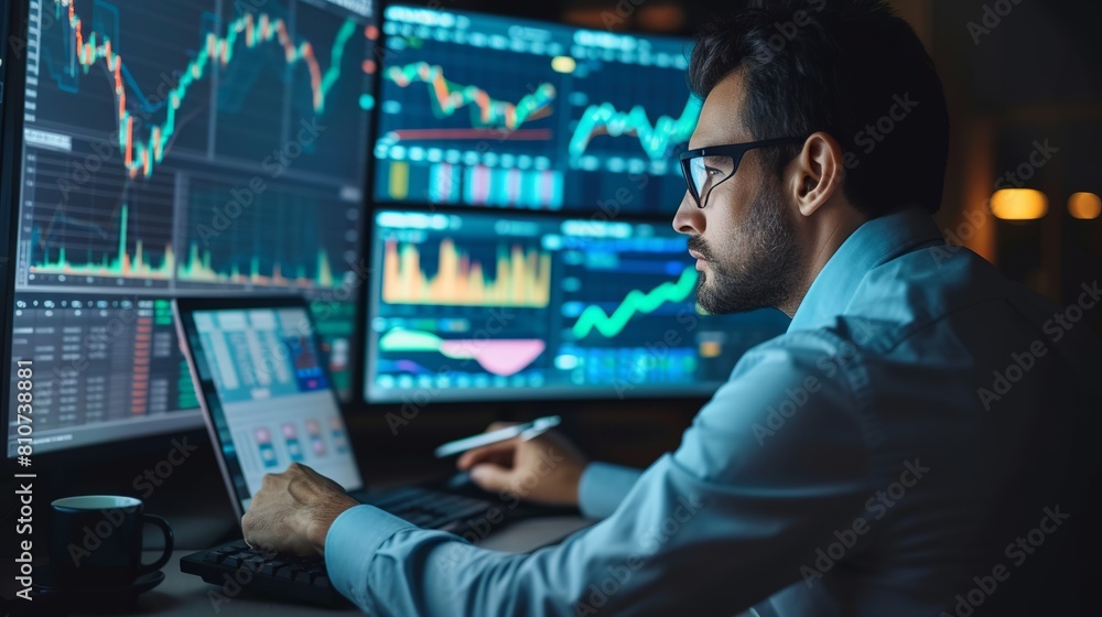 Aufkleber focused trader analyzing live stock market graphs on computer monitor for strategic investment plann