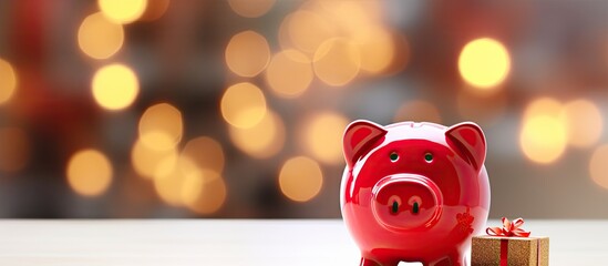 A Christmas themed piggy bank sits on a white table against a festive background providing copy space The family enjoys quality time during the winter holiday season