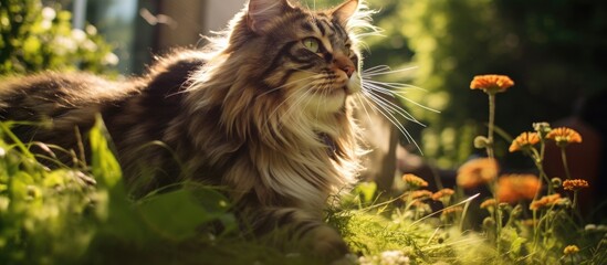 A large Maine Coon cat is frolicking in a sunny garden during the summer creating plenty of room for copy space in the image