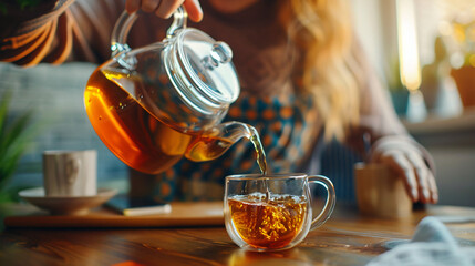 Young woman pouring hot tea into glass cup at home 
