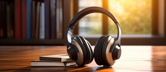A contemporary arrangement of headphones and hardcover books placed on a wooden table with available space for inserting textual content. Creative banner. Copyspace image