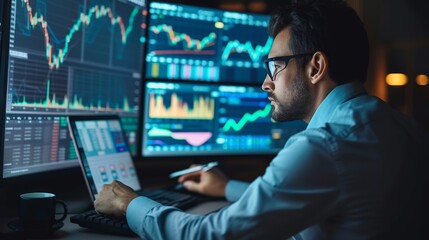 Focused trader analyzing live stock market graphs on computer monitor for strategic investment planning