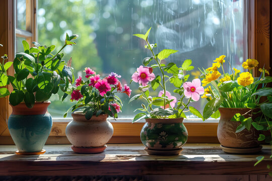 Flowers in pots on the windowsill