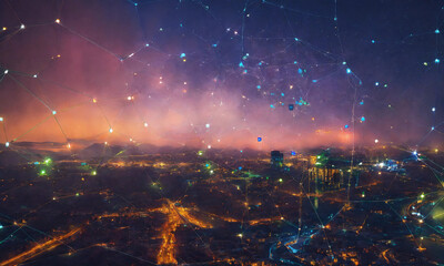 Fototapeta premium Starry Night Sky with City Lights: 3D Rendering for Desktop Backgrounds and Space-Themed Advertisements,