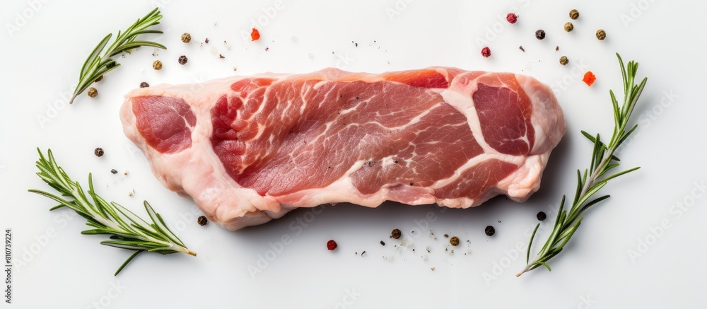 Canvas Prints Top view copy space image of raw fresh pork seasoned with rosemary placed on wax paper set against a white background Perfect for cooking various delicious recipes