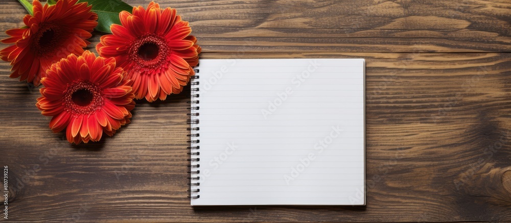 Poster top view copy space image of three gerbera flowers and a blank paged notebook resting on a wooden ta