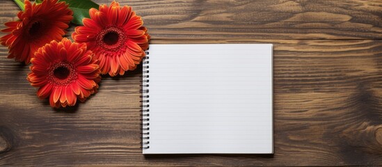 Top view copy space image of three gerbera flowers and a blank paged notebook resting on a wooden table