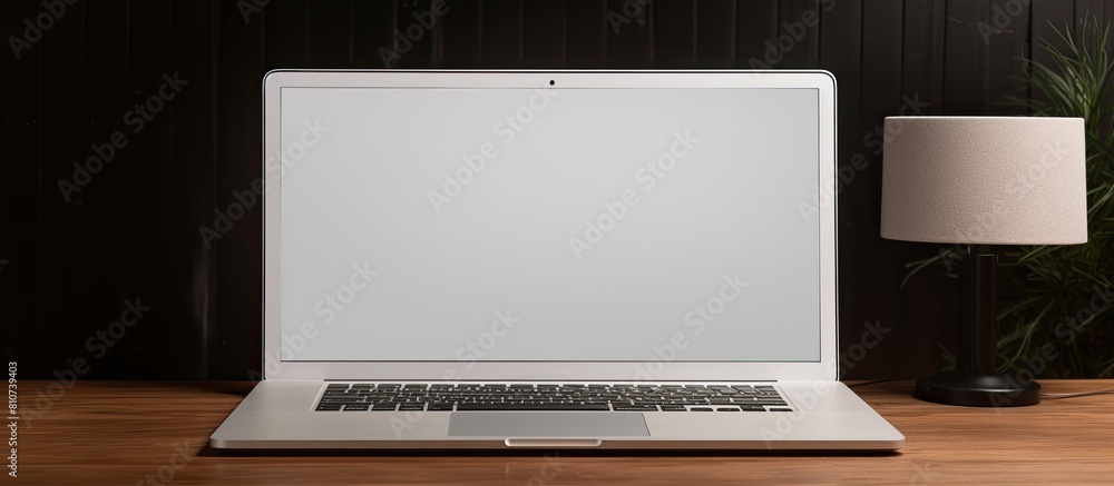 Poster A blank screen workspace with a laptop on a table providing ample space for adding images or text