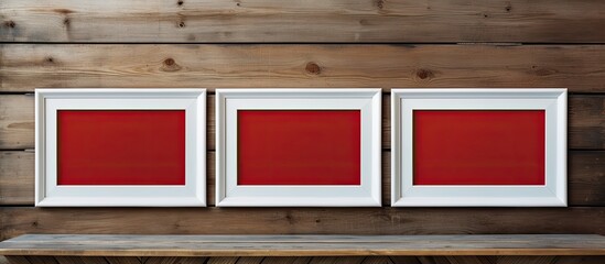 The photo showcases blank white and red frames on a white table against an old wooden wall. Creative banner. Copyspace image