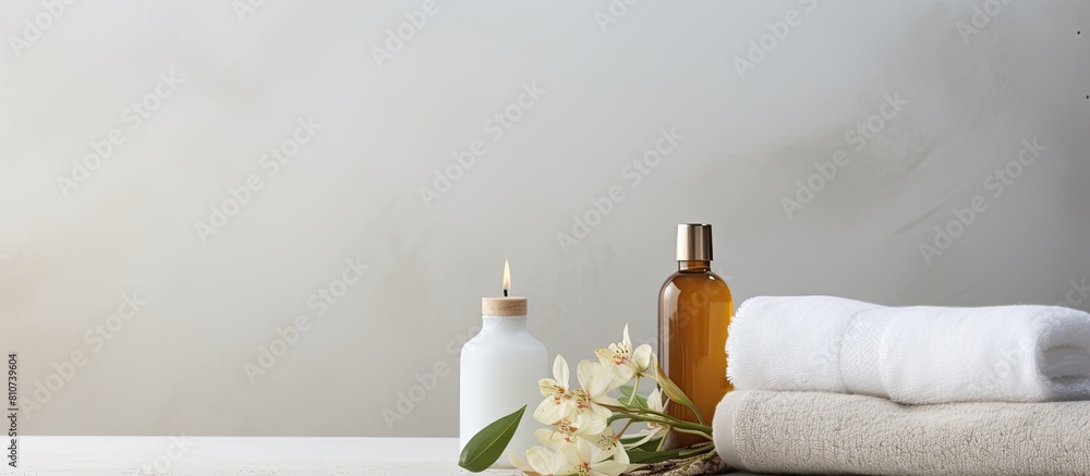 Poster copy space image of spa treatment products on a white paper background providing ample room for text