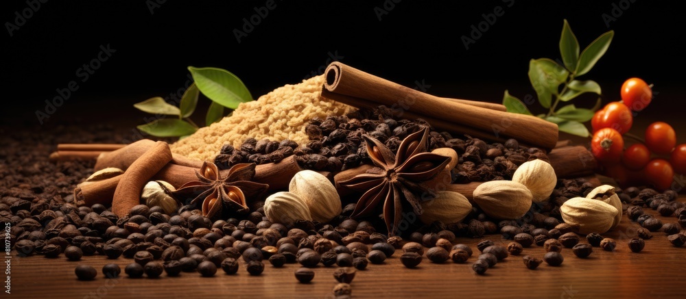 Poster a mixture of coffee grains and spices copy space image
