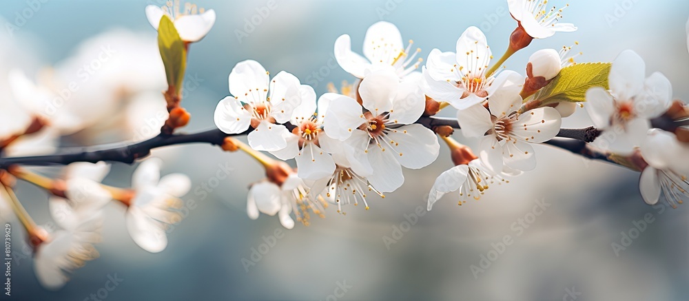 Poster the apricot tree blossoms in spring displaying beautiful white flowers a macro image captures this n