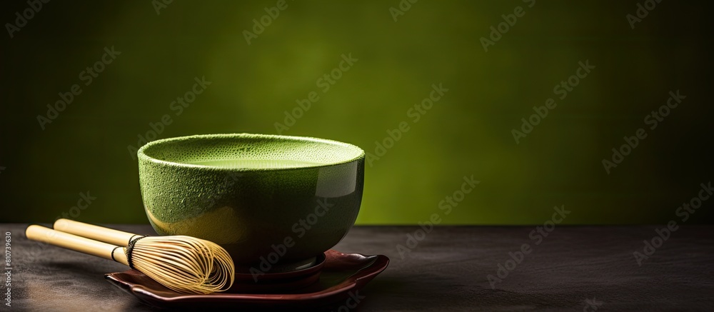 Poster a bowl of matcha tea is accompanied by a bamboo whisk with ample copy space available