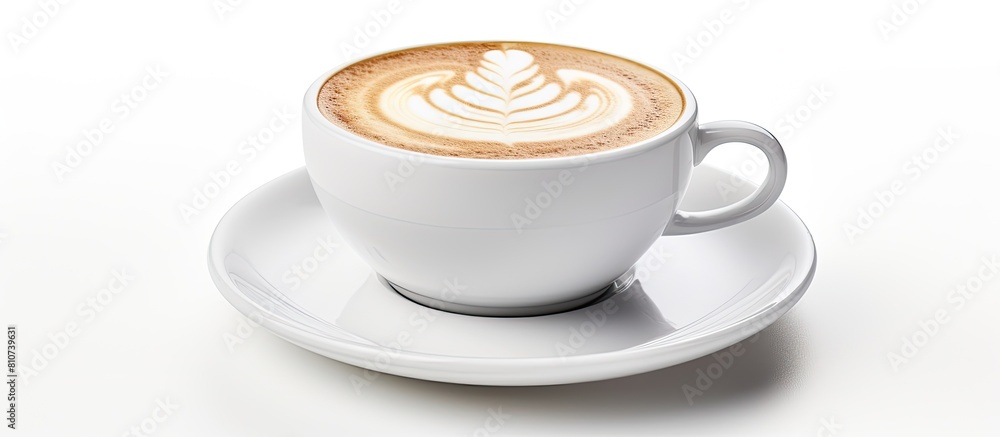 Poster a white background showcases a cappuccino coffee cup with ample space for adding text or graphics