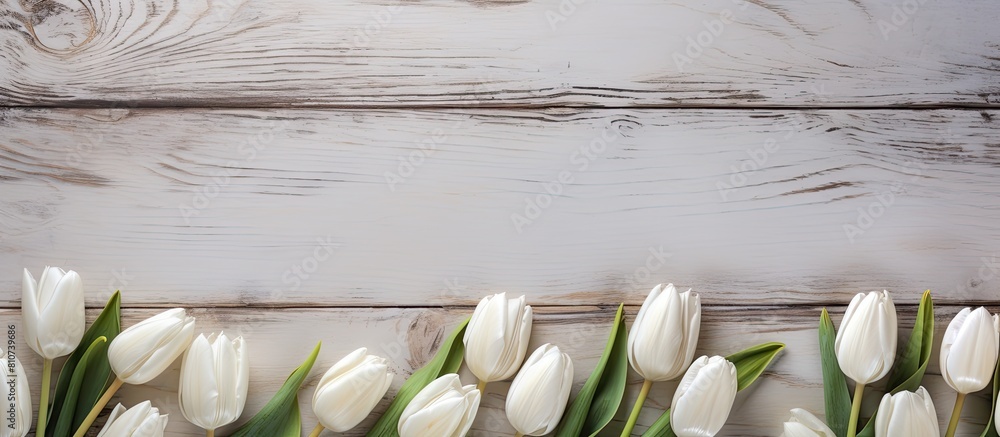 Poster A top down view of a white wooden table adorned with tulip bulbs in autumn creates an enchanting background perfect for a copy space image