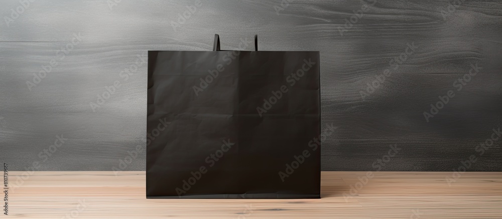 Poster A black paper bag rests on a clean white wooden table creating a perfect space for adding text