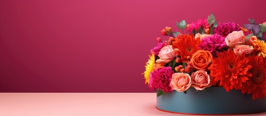 Round box with a vibrant and diverse bouquet presenting a visually stunning image with ample copy space