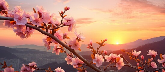 A beautiful sunset scene with peach blossoms in full bloom providing a picturesque copy space image