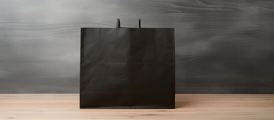 A black paper bag rests on a clean white wooden table creating a perfect space for adding text
